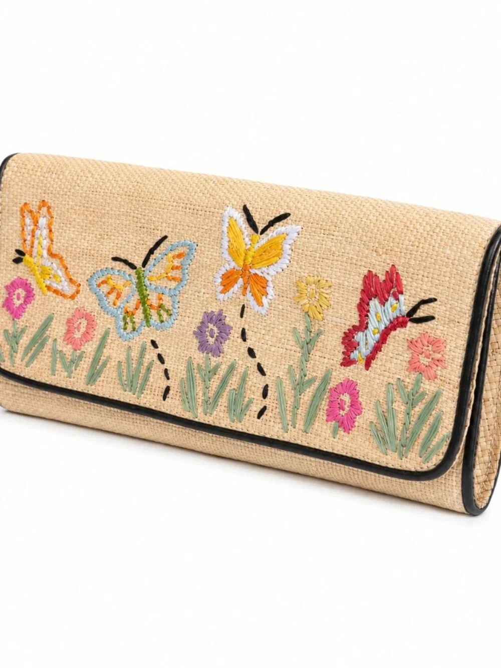 Embroidered Butterfly Floral Straw Envelope Clutch Bag Tan Multicolor